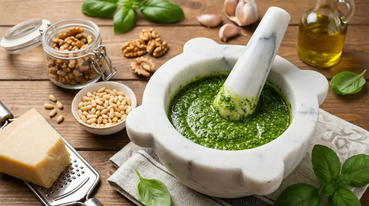 Pesto genovese preparato nel mortaio con basilico e pinoli